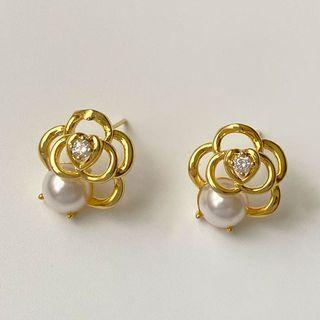 Flower Rhinestone Faux Pearl Earring 1 Pair - Earring - Camellia - One Size