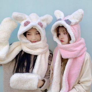 Rabbit Ear Hooded Scarf With Mitten