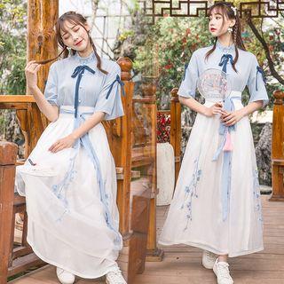 Set: Short-sleeve Embroidered Hanfu Top + Maxi Skirt