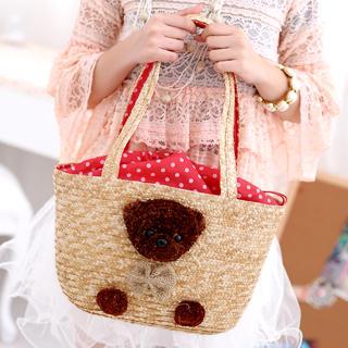 Bear Accent Straw Bag Beige - One Size