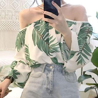 Leaf Print Cold-shoulder 3/4-sleeve Chiffon Blouse