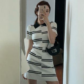 Striped Short-sleeve Mini Sheath Dress As Shown In Figure - One Size