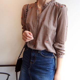 Frill-trim Floral Embroidered Blouse