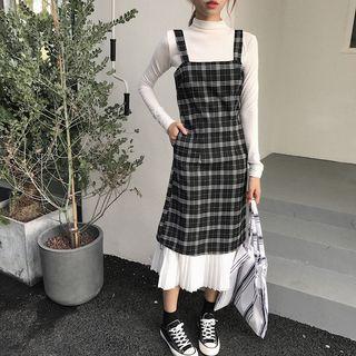Mock-neck Long-sleeve T-shirt / Pleated Hem Plaid Pinafore Dress