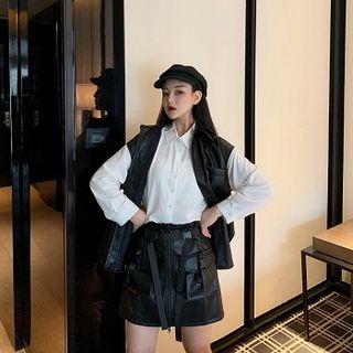 Long-sleeve Shirt / Faux Leather Buttoned Vest / A-line Mini Skirt