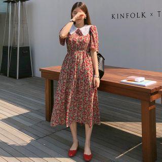Lace-collar Gathered-waist Long Floral Dress Red - One Size