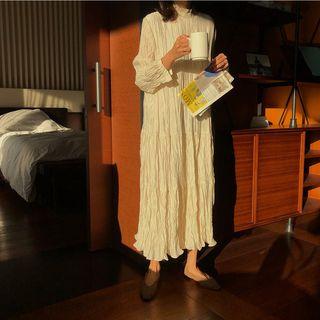 Set: Long-sleeve Crinkled Midi Dress + Slipdress As Shown In Figure - One Size