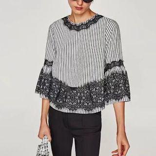 Long-sleeved Striped Panel Lace Top