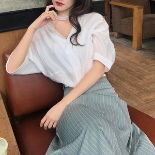 Set: Elbow-sleeve Shirt + Striped A-line Midi Skirt