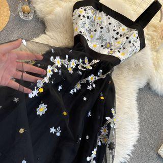 Sleeveless Flower Embroidered Mesh Dress