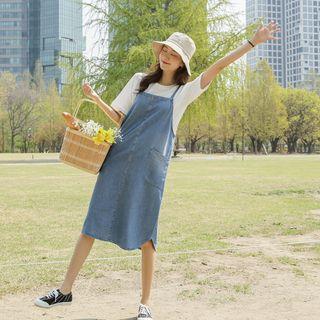 Double-strap Denim Midi Pinafore Dress