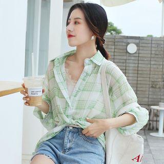 Plaid 3/4-sleeve Chiffon Shirt