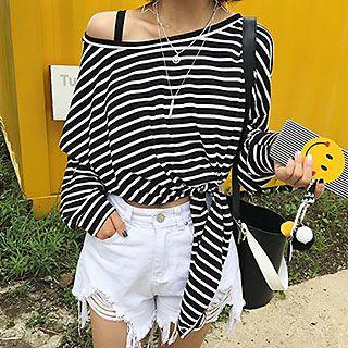 Stripe Off-shoulder Long-sleeve T-shirt