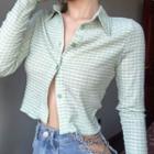 Long-sleeve Collared Striped Button-up Cropped T-shirt