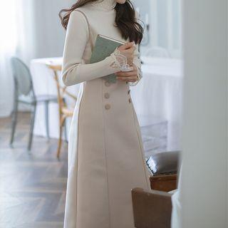 Set: Mock-turtleneck Rib Knit Top + A-line Midi Jumper Skirt