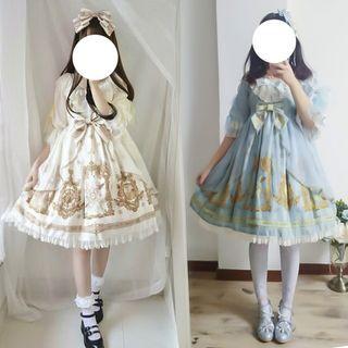Set: Bow Headband + Elbow-sleeve Printed A-line Dress