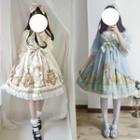 Set: Bow Headband + Elbow-sleeve Printed A-line Dress