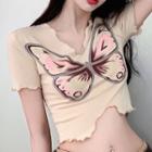 Butterfly Print Cropped Vintage T-shirt Almond - One Size