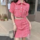 Elbow-sleeve Houndstooth Jacket / Lace-up Mini A-line Skort