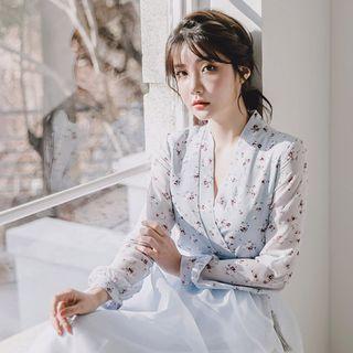 Hanbok Peplum Top (floral / Sky Blue)