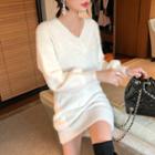 Balloon-sleeve Furry-knit Minidress