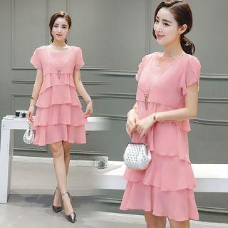 Petal Sleeve Ruffle Plain Chiffon Dress
