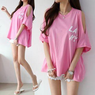 Letter Slit-shoulder Oversized T-shirt