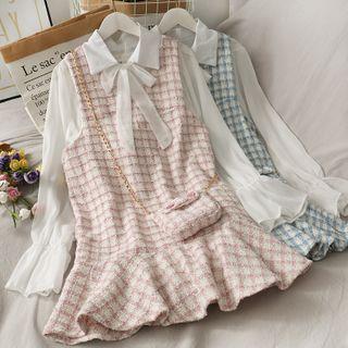 Set: Ribbon-neckline Plaid Blouse + Woolen Mini Tank Dress With Mini Crossbody Bag