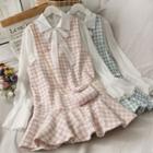 Set: Ribbon-neckline Plaid Blouse + Woolen Mini Tank Dress With Mini Crossbody Bag