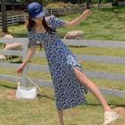 Short-sleeve Square-neck Floral Side-slit Dress