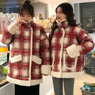 Plaid Faux Fur Trim Snap-button Jacket