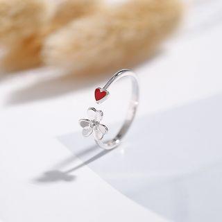 925 Sterling Silver Heart & Flower Open Ring Ring - Silver - One Size