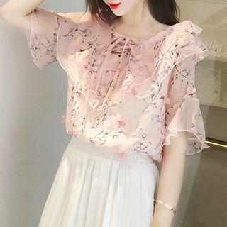 Short-sleeve Floral Print Chiffon Ruffled Blouse