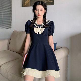 Puff-sleeve Striped Trim Ribbon A-line Mini Dress