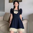 Puff-sleeve Striped Trim Ribbon A-line Mini Dress