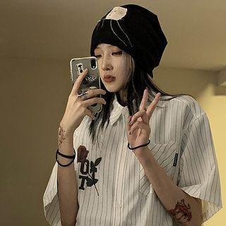 Short-sleeve Floral Print Pinstriped T-shirt
