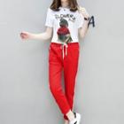 Set: Printed Short-sleeve T-shirt + Striped Ripped Cropped Pants