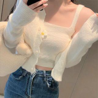 Set: Knit Tube Top + Cardigan Set Of 2 - White - One Size