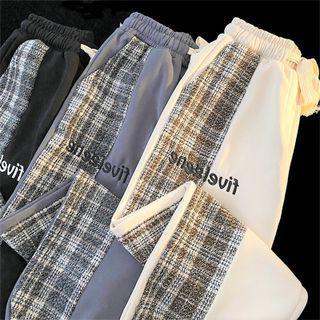 Plaid Panel Letter Embroidered Harem Pants
