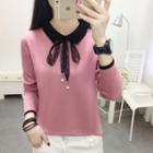 Long-sleeve Lace Tie-neck Knit Top