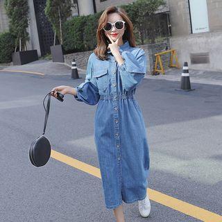 Puff-sleeve Midi Denim Dress