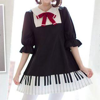 Piano Pintuck Elbow-sleeve Dress / Leggings