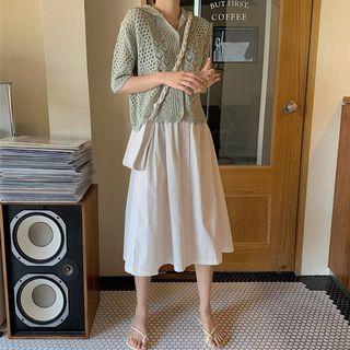 Elbow-sleeve Pointelle Knit Cardigan / Buttoned A-line Midi Skirt