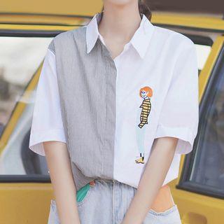 Short-sleeve Cartoon Embroidered Paneled Shirt