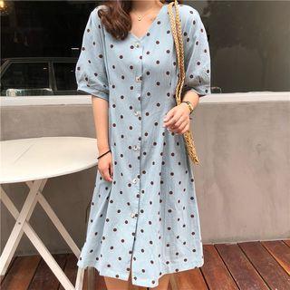 Dotted Elbow-sleeve Buttoned A-line Dress