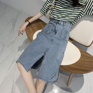 Denim A-line Slit Midi Skirt