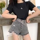 Embroidered Short-sleeve T-shirt / Distressed Denim Shorts