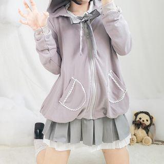Bow Accent Blouse / High Waist Pleated Skirt / Hooded Zip Jacket