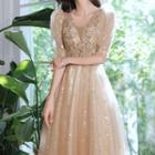 Elbow-sleeve Sequined Mesh A-line Evening Dress