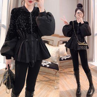 Set: Puff-sleeve Sequined Blouse + Skinny Jeans